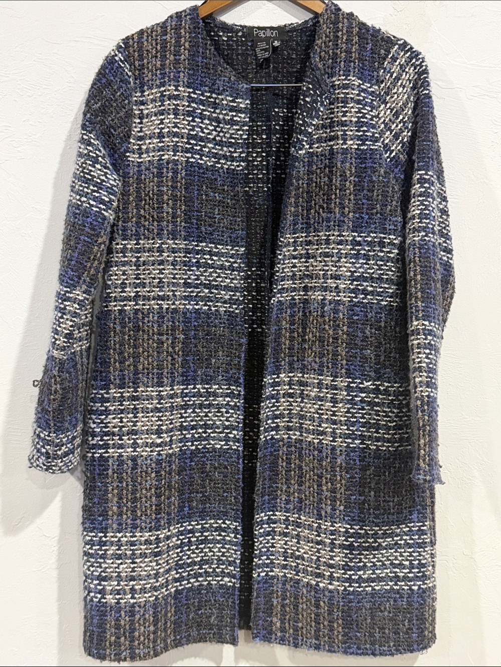 Papillon Plaid Wool Blend Cardigan Tunic Sweater Coat, Blue Gray Size M